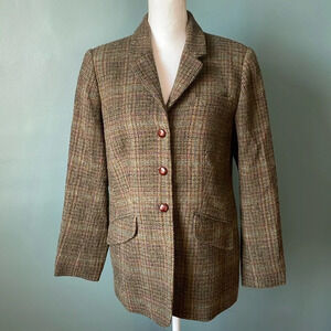 Orvis Women's Wool Tweed Blazer Jacket Coat Button Up Green Plaid Size 13